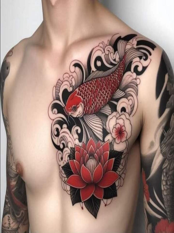Hình xăm cá chép đỏ tượng trưng cho sự kiên trì và ý chí vươn lên trong cuộc sống. Gam màu đỏ nổi bật khiến cá chép trở thành điểm nhấn mạnh mẽ trên làn da người sở hữu