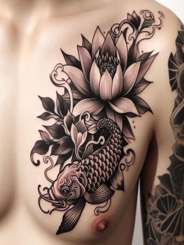Màu đen trắng mang đến chiều sâu và sự huyền bí, đặc biệt phù hợp để diễn tả sự kiên định và vượt khó của cá chép. Đây là lựa chọn tinh tế cho những ai yêu thích vẻ đẹp cổ điển nhưng vẫn toát lên sức mạnh và cá tính riêng biệt
