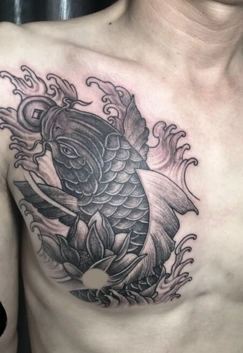 Tattoo cá chép ngậm đồng tiền kết hợp với họa tiết hoa sen đơn sắc