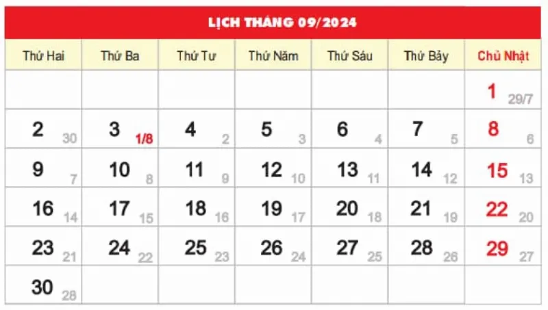 Lịch tháng 9 và tháng 10 năm 2024