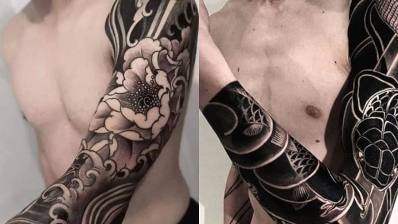 Hình xăm Nhật cổ full tay tinh xảo thường kết hợp nhiều chủ đề như rồng, cá chép, samurai, mặt quỷ hoặc Sakura
