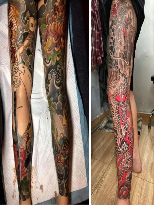 Tattoo Nhật cổ full chân là lựa chọn táo bạo cho những ai thích sự khác biệt. Đây chắc chắn sẽ là một kiệt tác sống động trải dài từng đường nét